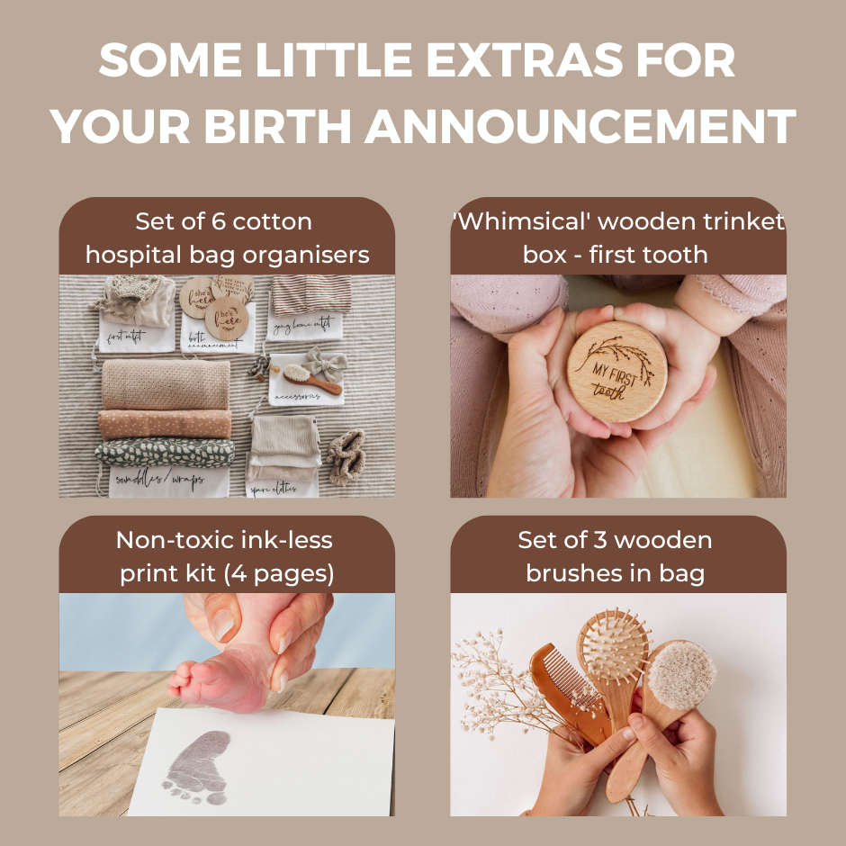 Extras for your order including set of 6 cotton hospital bag organisers, whimsical wooden trinket box for first tooth, non-toxic inkless print kit, and set of 3 wooden brushes in bag.