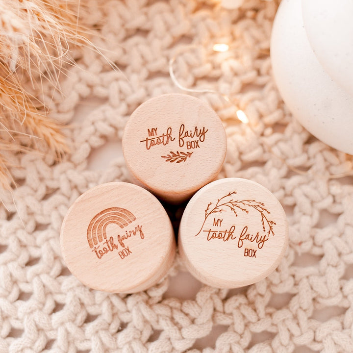 Set of three Hello Fern wooden tooth fairy keepsake trinket boxes shown from above