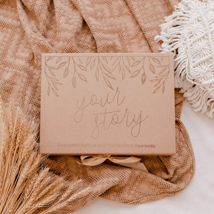 Example of optional extra non-custom "your story" kraft keepsake box which can store Hello Fern's wooden baby memory book.