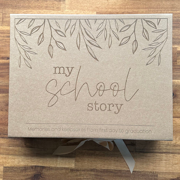 Non-custom kraft "My School Story" keepsake box, top view.