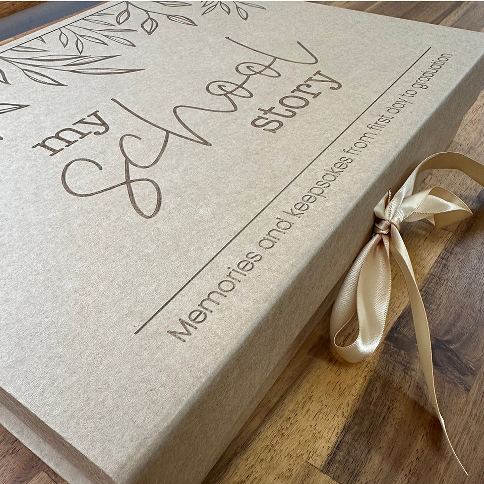 Non-custom kraft "My School Story" keepsake box, closeup.