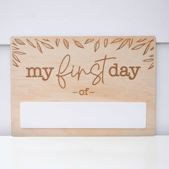 Double-sided wooden back-to-school board showing "my first day of" side including acrylic space to write.