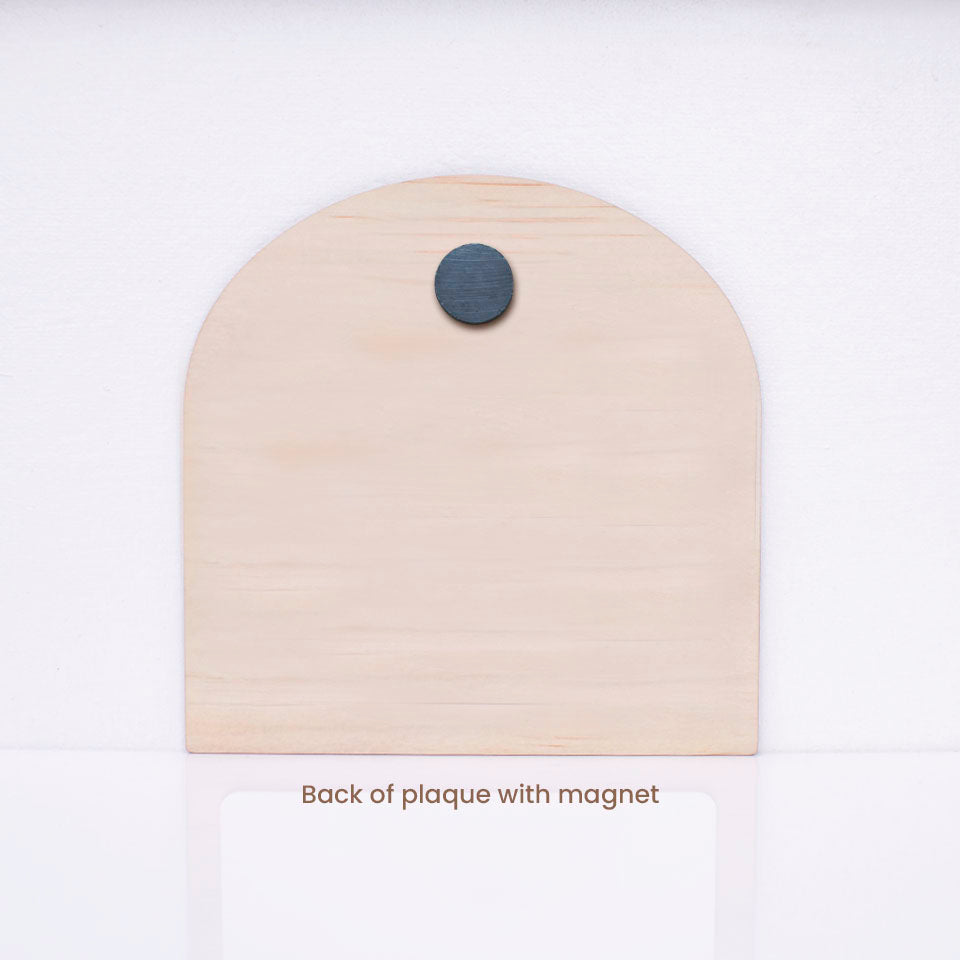 Reverse side of Hello Fern mini daily affirmation message plaque shown against white background with magnet glued to the back.