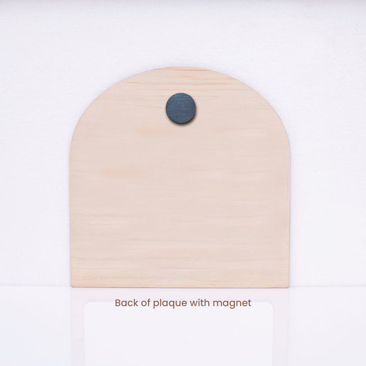 Reverse side of Hello Fern mini daily affirmation message plaque shown against white background with magnet glued to the back.