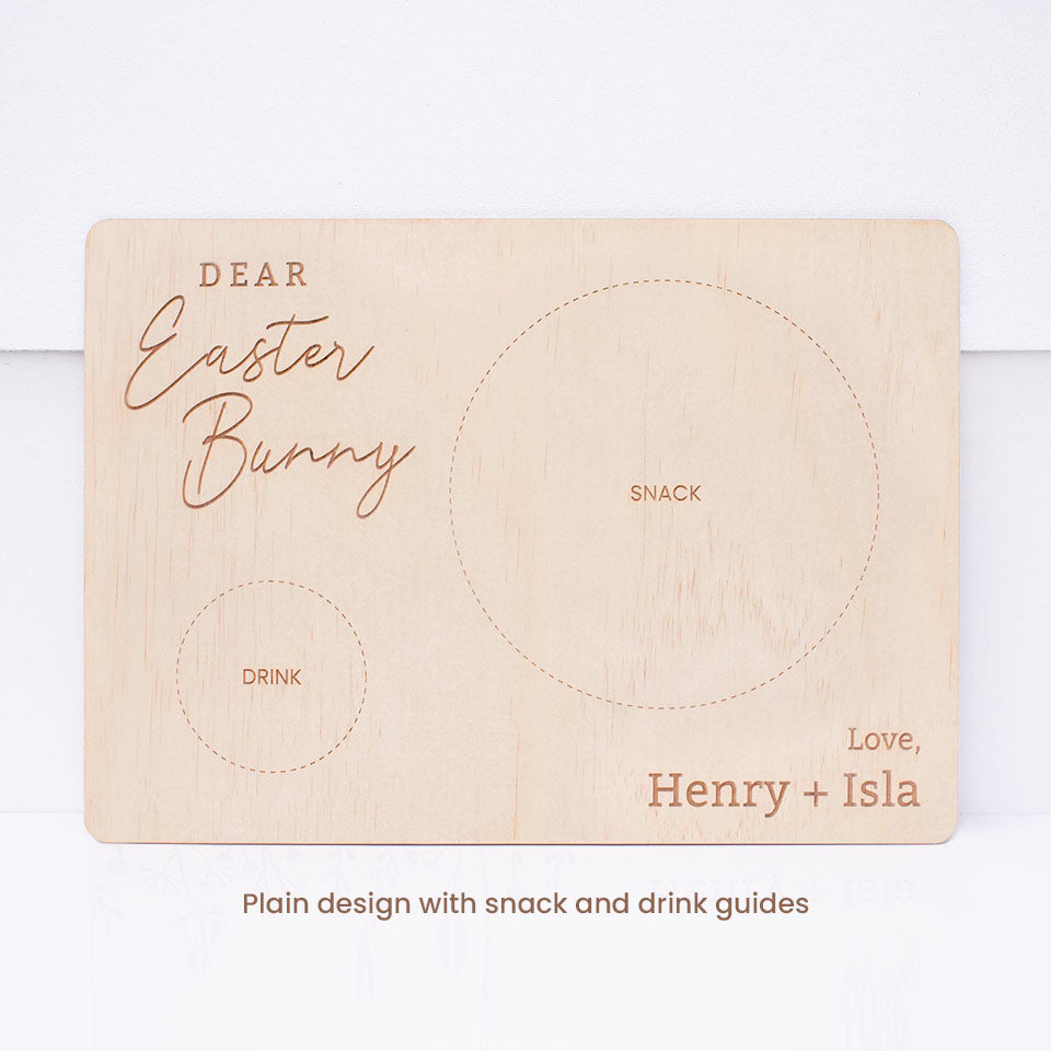 Hello Fern custom timber Easter Bunny snack board with plain design and guildelines for snacks and drinks shown isolated against white wall.