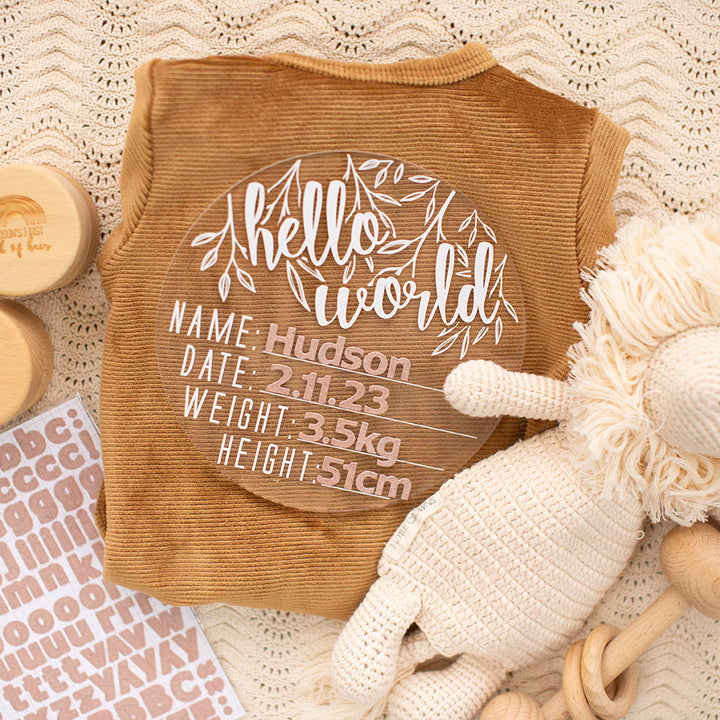 Top view of Hello Fern clear acrylic 'Hello Word' plaque with white wording and alphabet stickers, baby clothes, and baby toys.