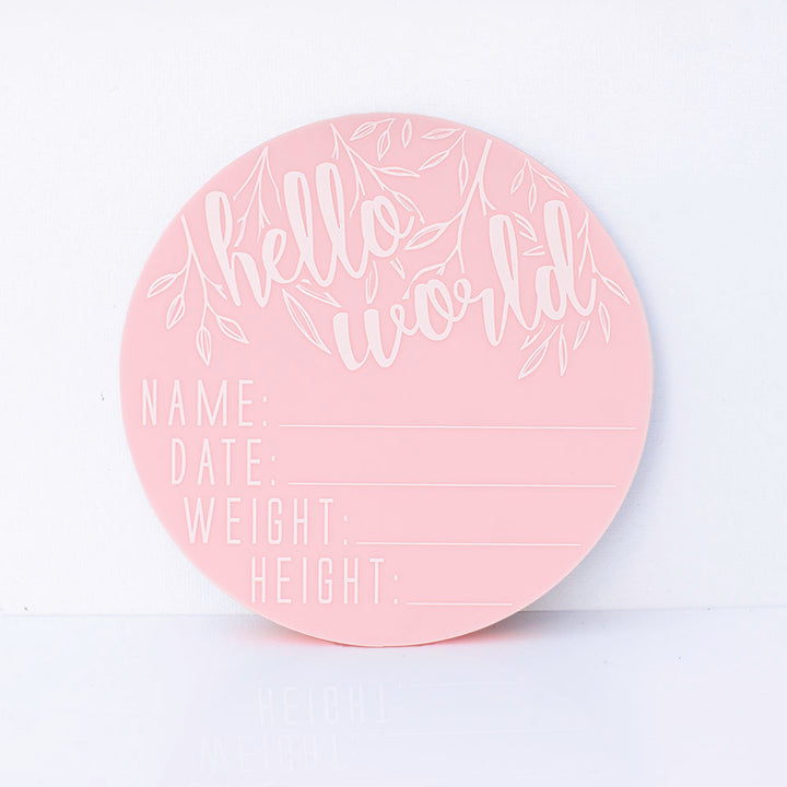 Hello Fern pink acrylic 'Hello Word' birth announcement plaque with spaces for baby's name, birth date, weight, and height isolated on white background.