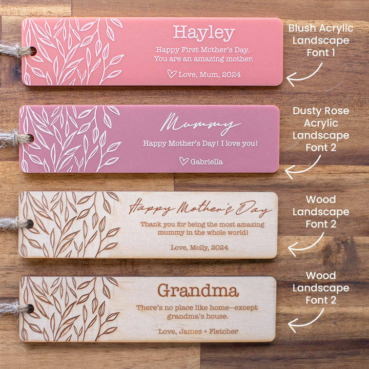 Landscape options for Hello Fern Mother's Day timber and acrylic bookmarks.