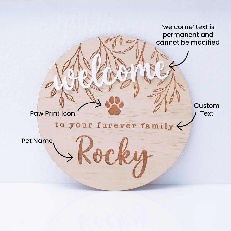 Hello Fern custom wooden pet welcome plaque isolated on white background with labels.