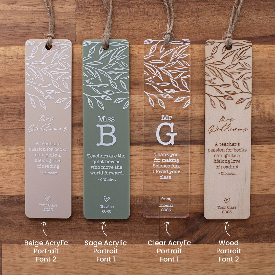 Four Hello Fern custom teacher bookmark material options for portrait bookmarks including beige acrylic, sage acrylic, clear acrylic, and wood.