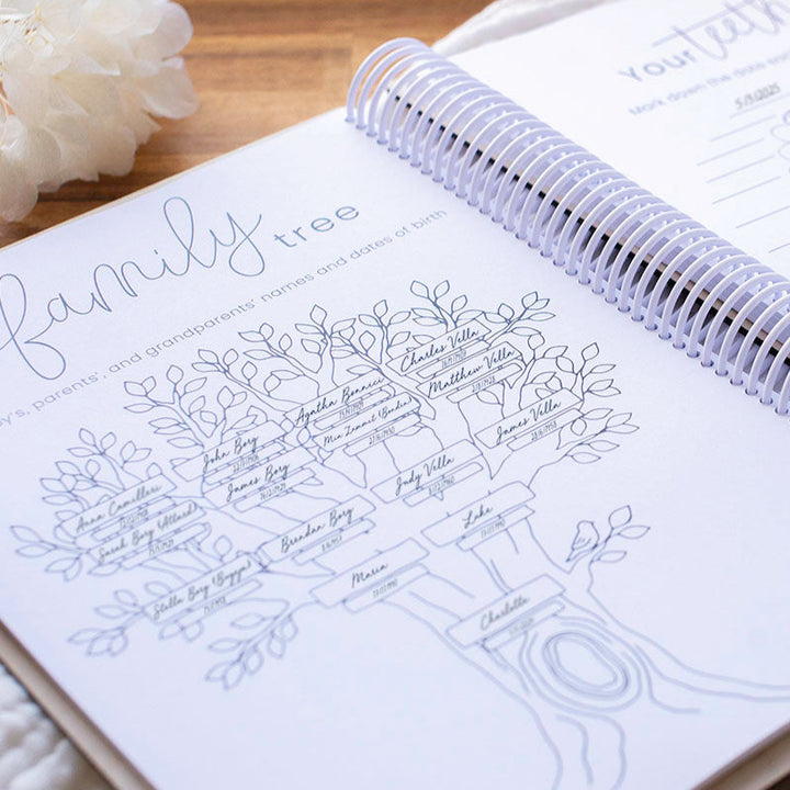 Closeup of filled out 'family tree' and 'your teeth' pages in Hello Fern same-sex non-custom wooden baby memory book.