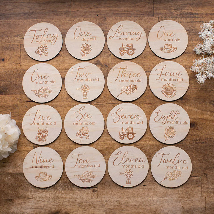 Top View of Hello Fern country baby month milestone wooden disc set featuring wildflowers, sunflowers, tractors, cowboy hats, cows, wheat, and windmills.