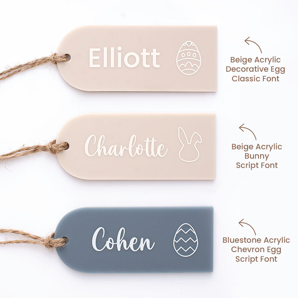 Set of three Hello Fern acrylic Easter basket tags isolated on white background with colour, design, and font options listed.