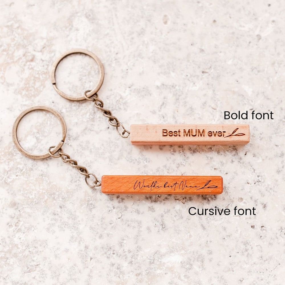 Examples of Hello Fern wooden Mother's Day keyring fonts.