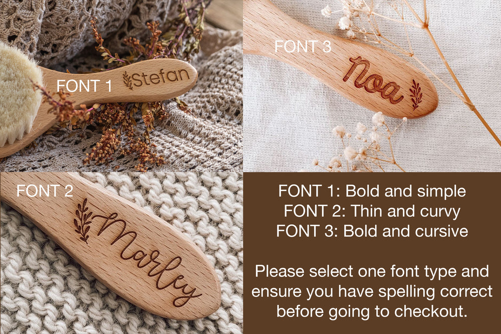 Example of three different font options for the Hello Fern custom baby brush set.