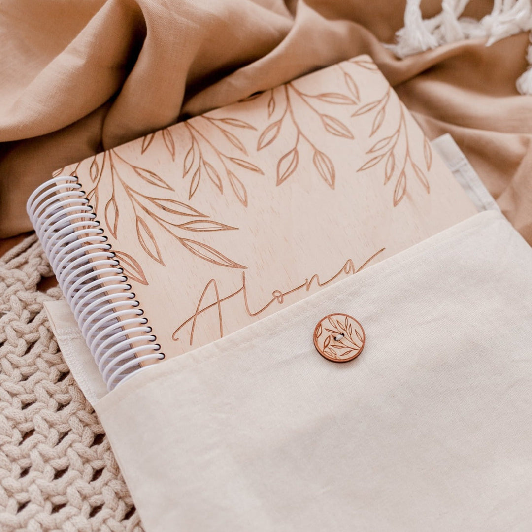 Closeup view of Australian-made cotton bag to protect Hello Fern wooden photo album.