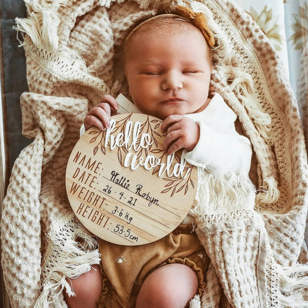 'Hello World' Wooden + Acrylic Birth Announcement Disc