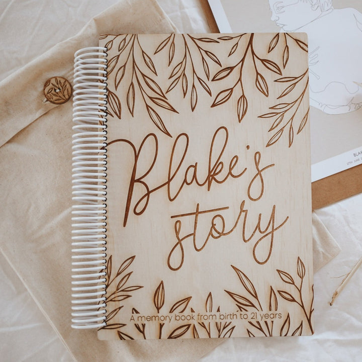 Cover of 'Blake's story' - Hello Fern same-sex wooden baby memory book.