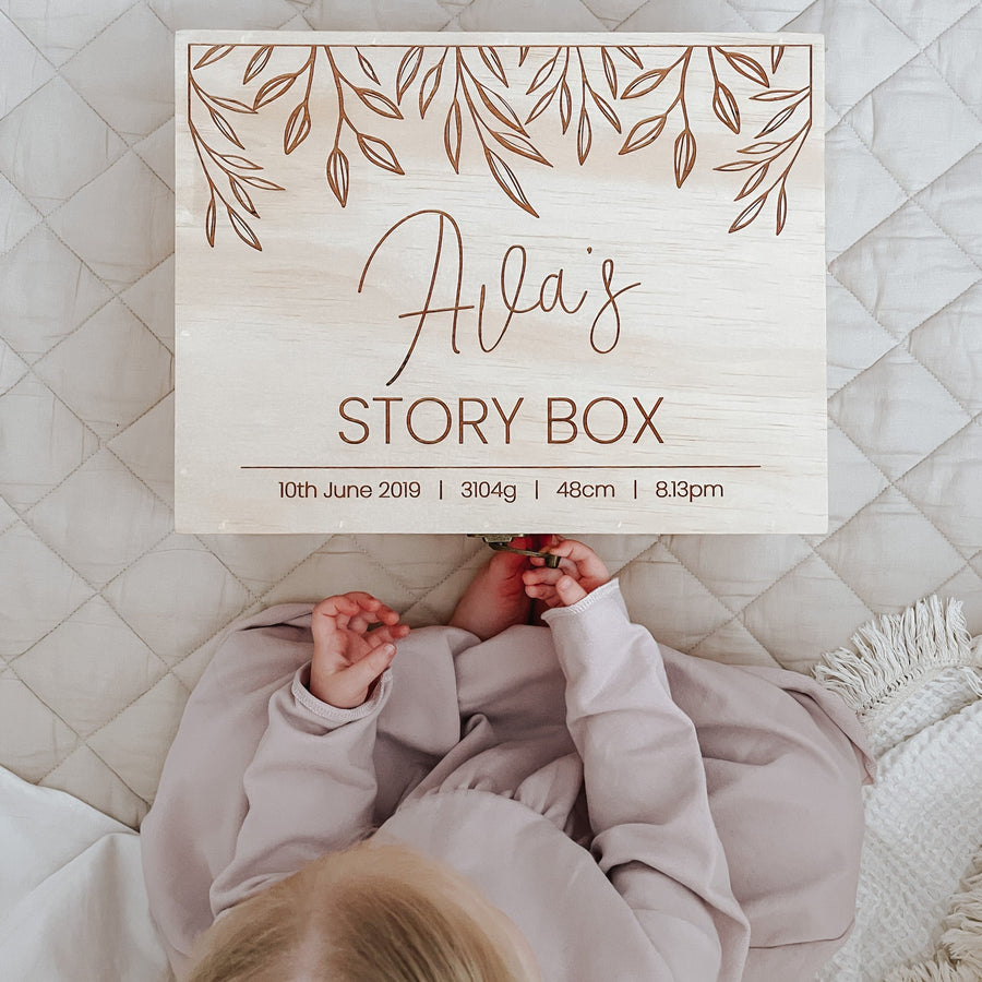 Large wooden box for keepsakes etched with beautiful vine design and name Ava.