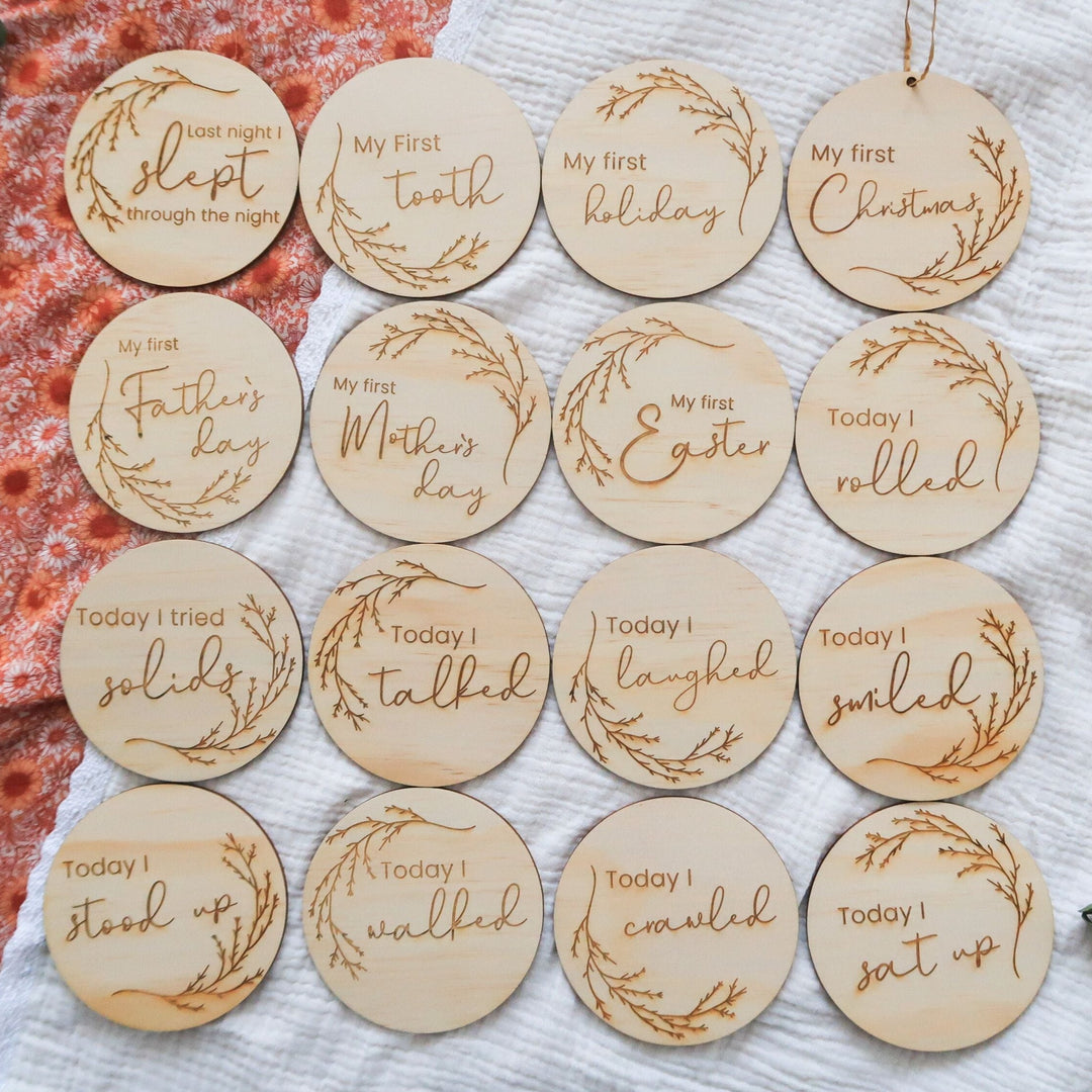 Wooden achievement milestone card discs - Whimsical