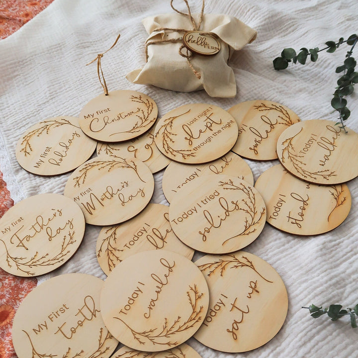 Wooden achievement milestone card discs - Whimsical