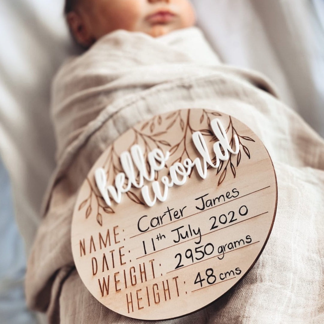 'Hello World' Wooden + Acrylic Birth Announcement Disc