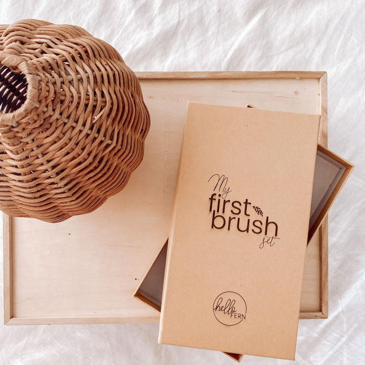 Flat lay showing the box option for storing the Hello Fern My First Brush Set.
