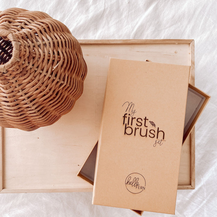 Top view of box storage option for the Hello Fern My First Brush Set for babies and young children.