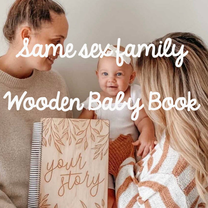 Hello Fern same-sex family wooden baby memory book.