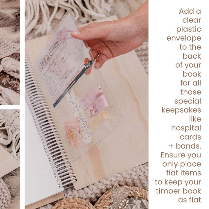 Example of plastic keepsake sleeve optional extra added to the back of the Hello Fern "your story" baby books.