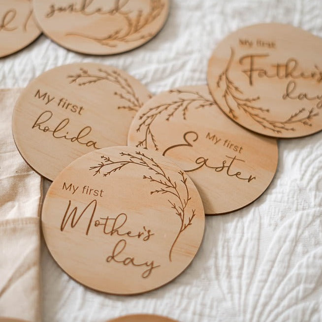 Wooden achievement milestone card discs - Whimsical