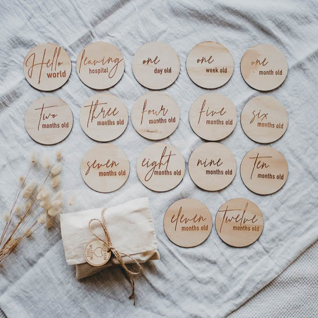 Wooden month milestone card discs - Classic