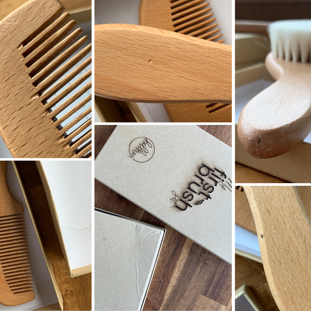 Examples of flaws on flawed custom brush sets including dents, chips, dark spots, and more.