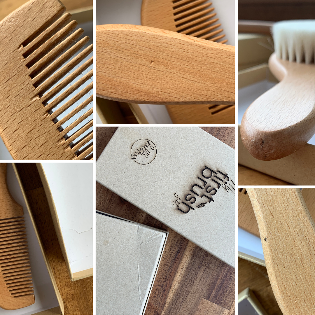 Examples of flaws on flawed custom brush sets including dents, chips, dark spots, and more.