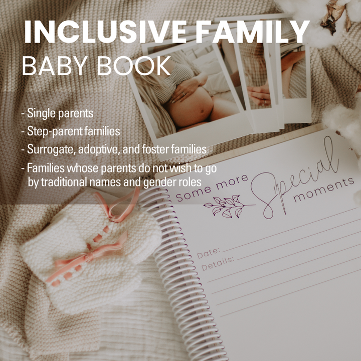 Hello Fern non-custom inclusive family "Your Story" baby book image for families with single parents, step-parents, surrogate, adoptive, foster families, and families with non-traditional names and gender roles.
