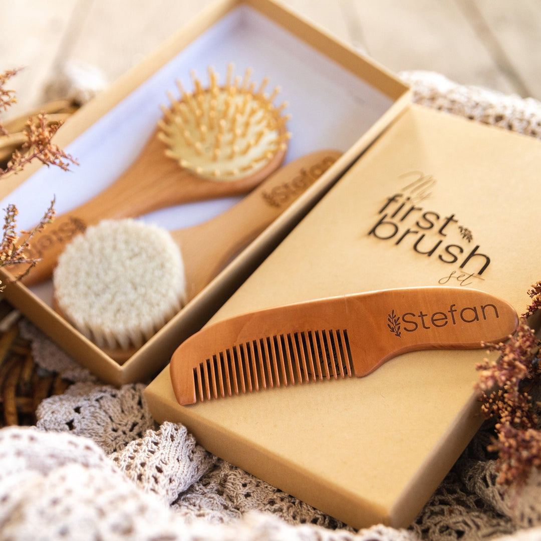 Hello Fern's custom baby brush set displayed with box storage option showing closeup of a custom wooden baby comb.