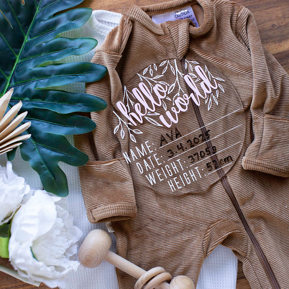 Top view of Hello Fern clear acrylic 'Hello Word' birth announcement plaque with pink wording and filled-out spaces for baby's name, birth date, weight, and height lying on baby girl clothes.