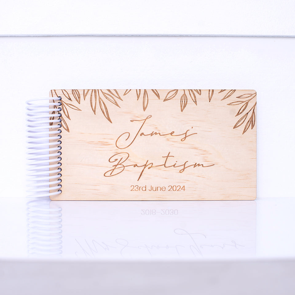 Example of Hello Fern mini wooden photo album with custom etched cover for baptism or christening gift.