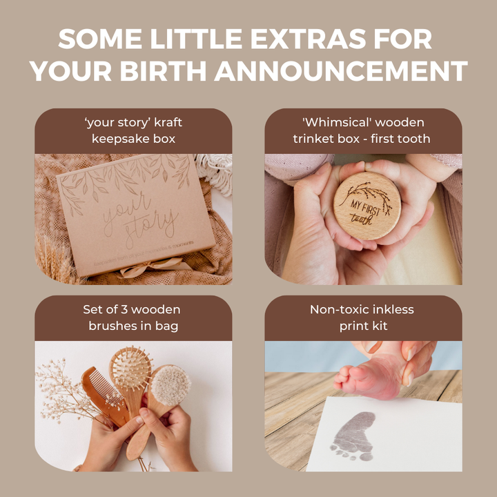 Promotional graphic for baby-related products with text 'Some little extras for your birth announcement' on a beige background.