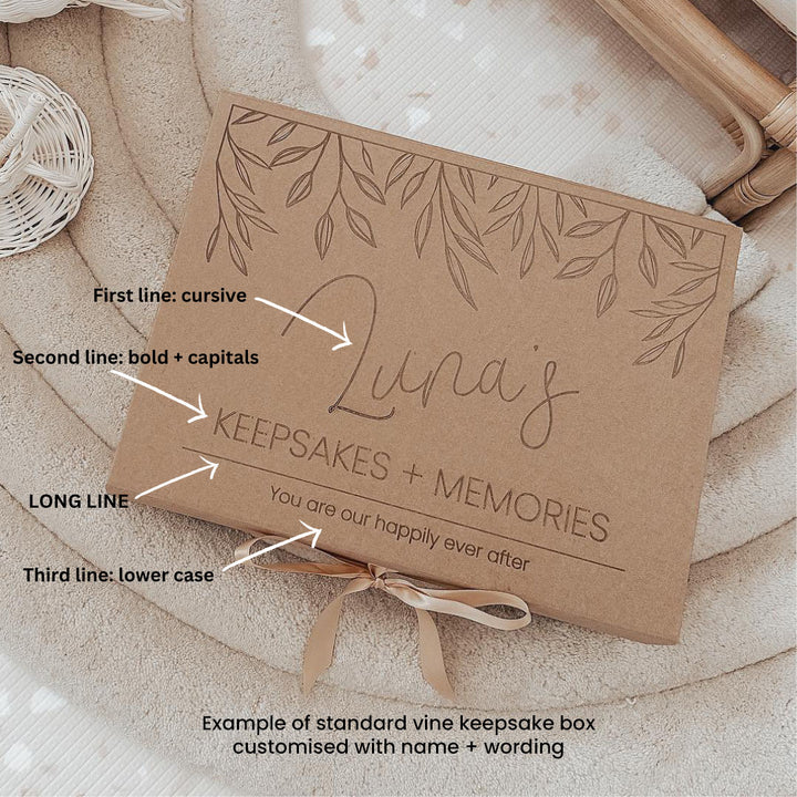 Top view of optional extra standard vine kraft keepsake box, which can be customised with baby's name and other wording and can store Hello Fern's wooden baby memory book.