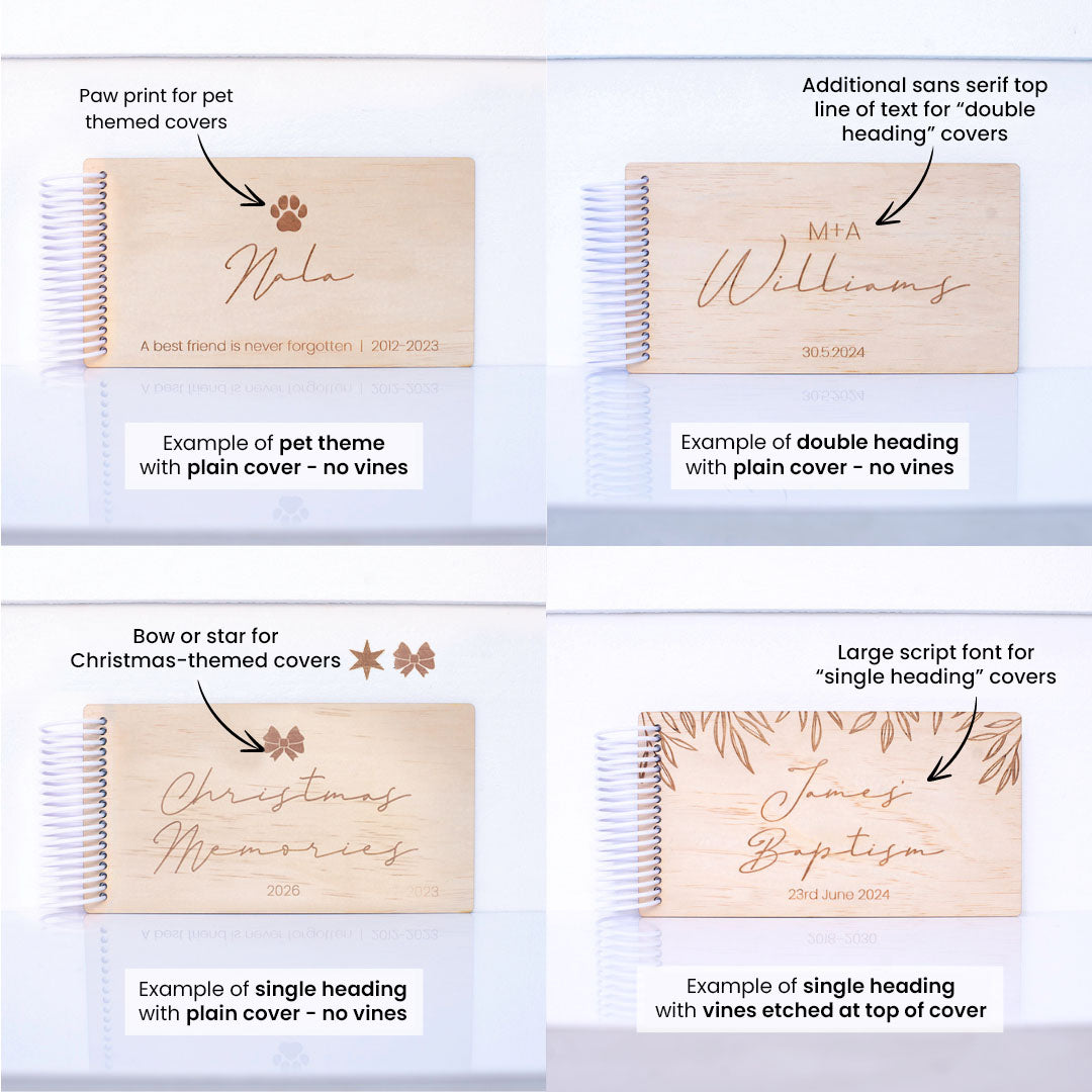 Four different designs of personalised Hello Fern mini photo album covers with text and branding on a white background.