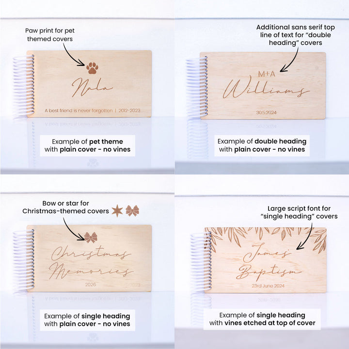 Four different designs of personalised Hello Fern mini photo album covers with text and branding on a white background.