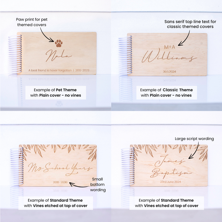 Four different designs of personalised Hello Fern mini photo album covers with text and branding on a white background.