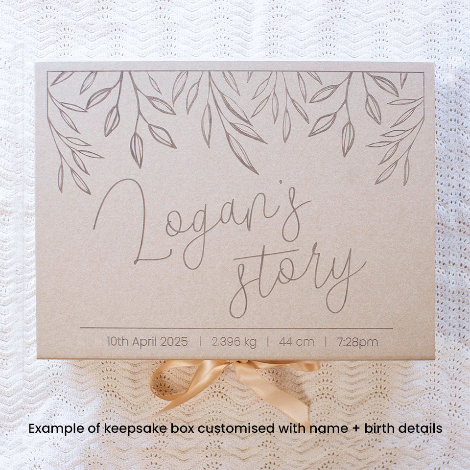 Top view example of optional extra kraft keepsake box which can store Hello Fern's wooden baby memory book.