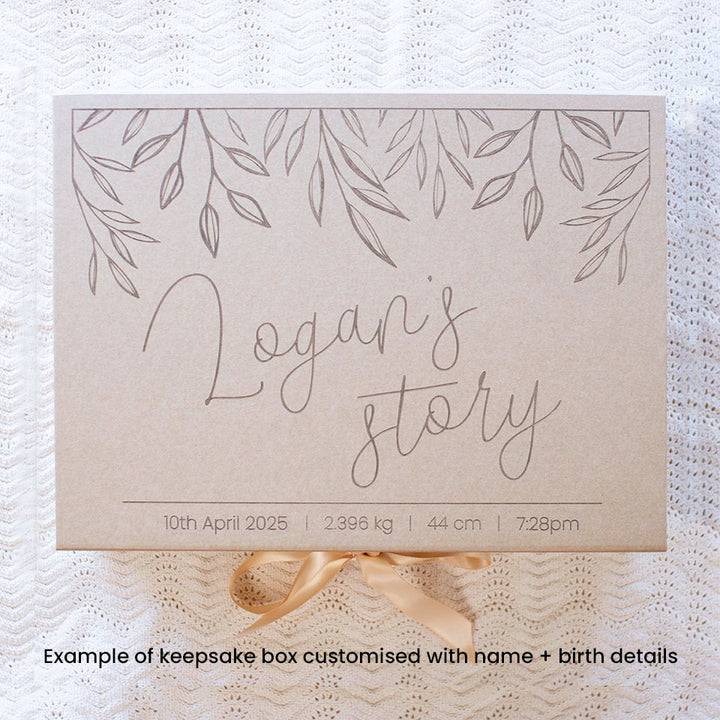 Top view example of optional extra kraft keepsake box which can store Hello Fern's wooden baby memory book.