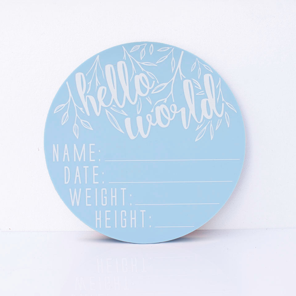 Hello Fern blue acrylic 'Hello Word' birth announcement plaque with spaces for baby's name, birth date, weight, and height isolated on white background.