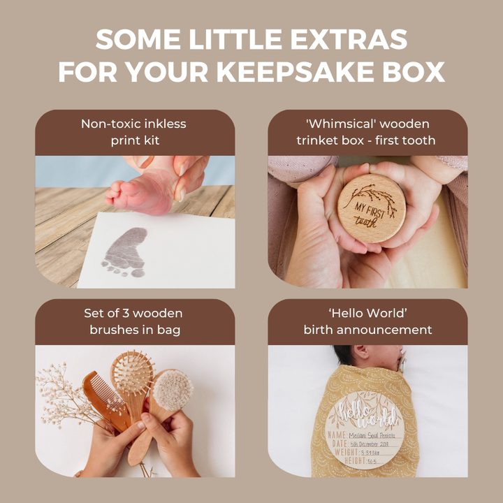 Promotional image of baby care products with text 'Some little extras for your keepsake box' on a beige background.