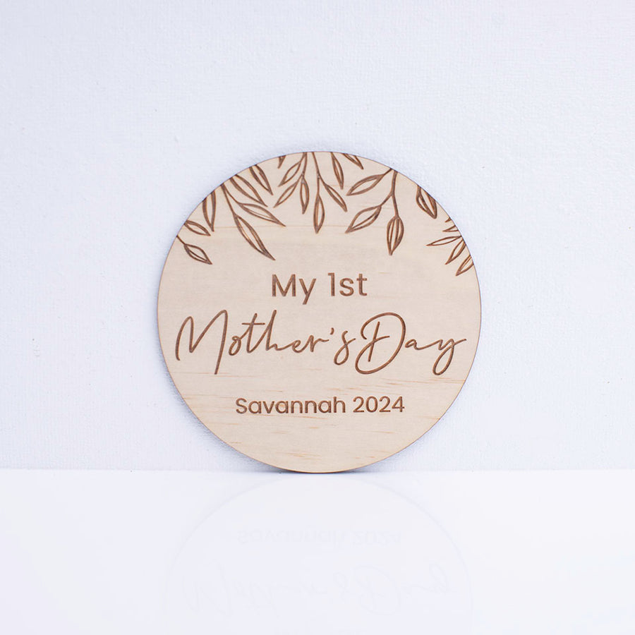 Hello Fern custom wooden "My 1st Mother's Day" plaque isolated on white background.
