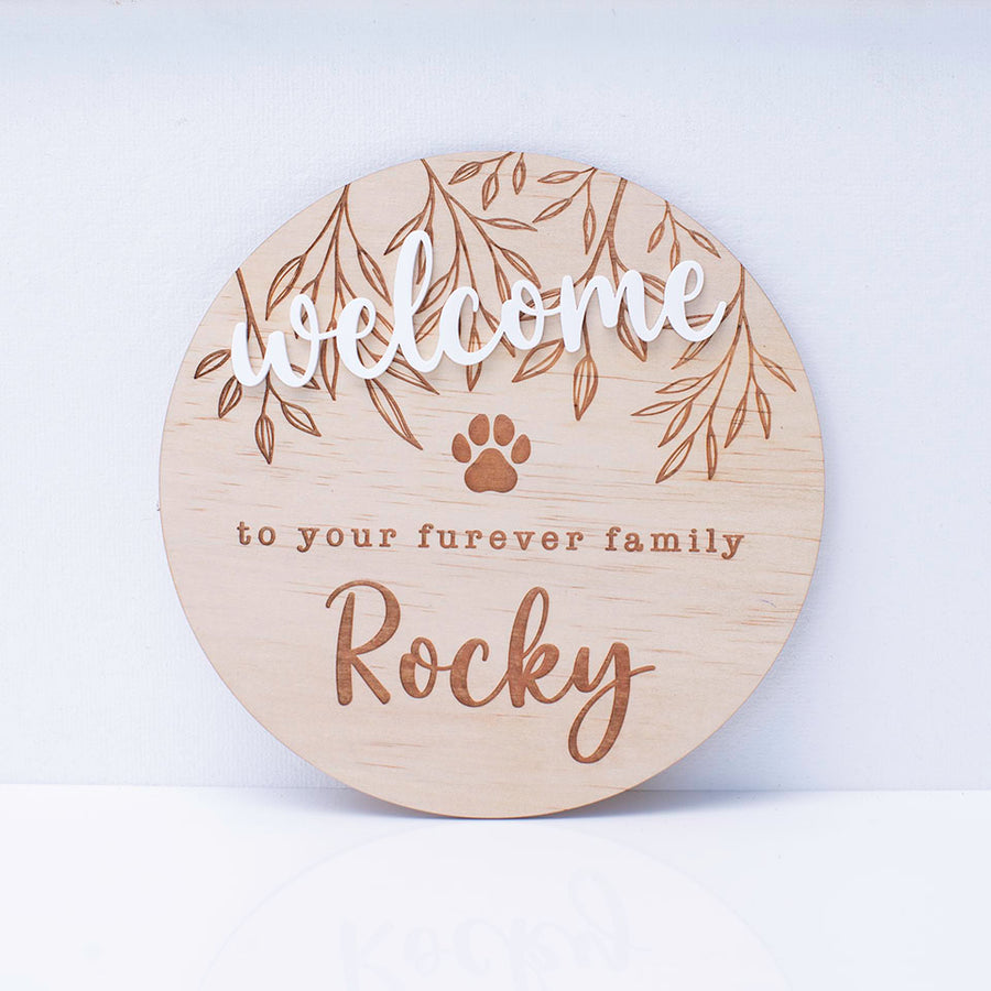 Hello Fern custom wooden pet welcome plaque isolated on white background.