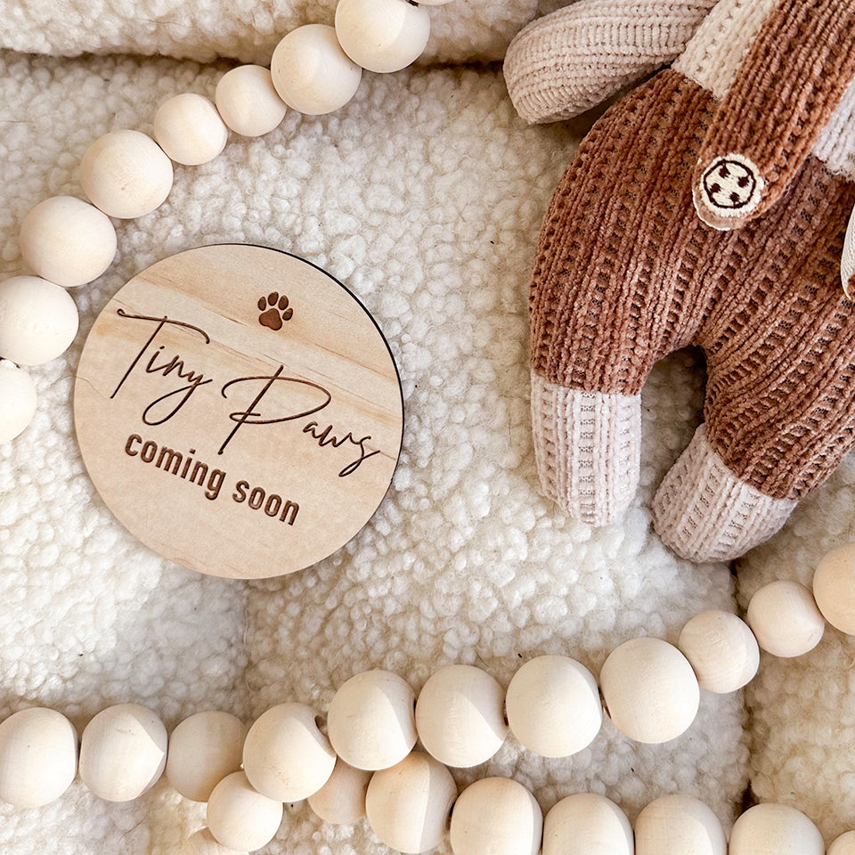 Close up view of 'Tiny Paws coming soon' Hello Fern puppy achievement milestone disc on soft rug with wooden beads and stuffed toy.